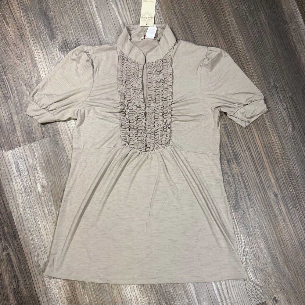 Romantic Victorian Taupe Beige Ruffle VNeck Mock Collar Puff Sleeve Blouse L NWT